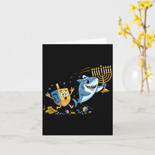 Funny Shark Dreidel Menorah Hanukkah Kids Womens M Kaart (Gele Bloem)