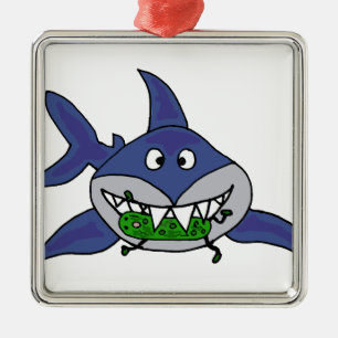 Funny Shark Eating Man Cartoon Metalen Ornament