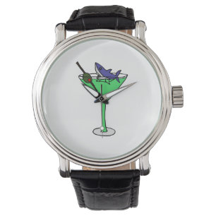 Funny Shark in Green Martini Glass Horloge