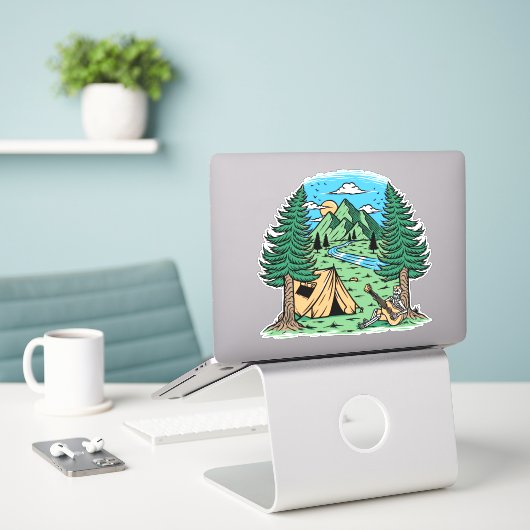 Funny Skeleton Camping Play Guitar Sticker (Laptop op bureau)