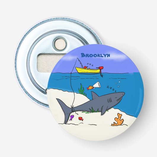 Funny slaapshark and Fishing cartoon Button Flesopener (Voorkant)