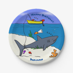 Funny slaapshark and Fishing cartoon Papieren Bordje