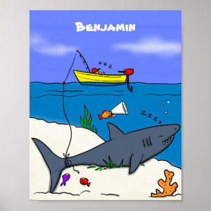 Funny slaapshark and Fishing cartoon Poster