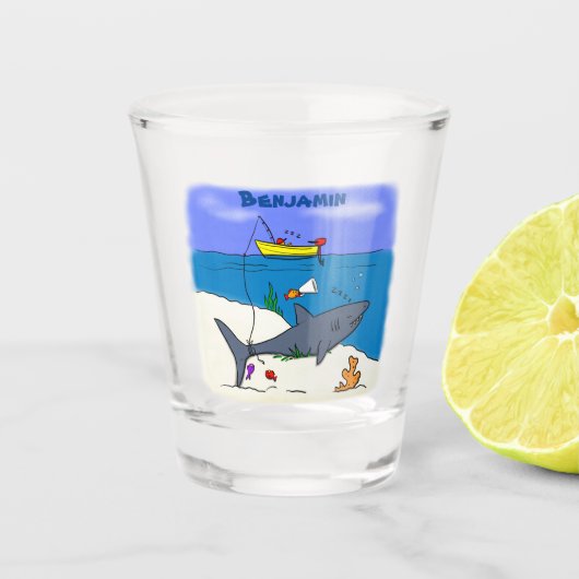 Funny slaapshark and Fishing cartoon Shot Glas (Voorkant)