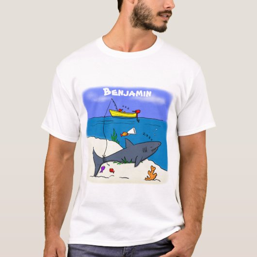 Funny slaapshark and Fishing cartoon T-shirt (Voorkant)