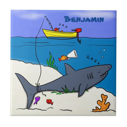 Funny slaapshark and Fishing cartoon Tegeltje (Voorkant)