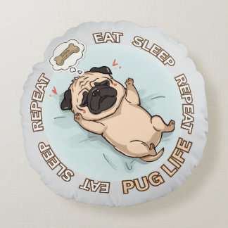 Funny Sleeping Pug Round Pillow | Eat Sleep Repeat Rond Kussen
