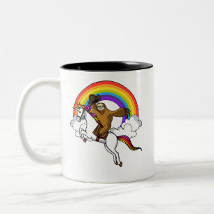 Funny Sloth Cowboy Riding Magical Unicorn Rainbow Tweekleurige Koffiemok