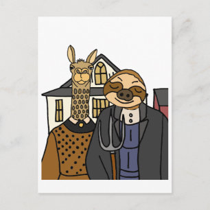 Funny Sloth en Llama American Gothic Artwork Briefkaart