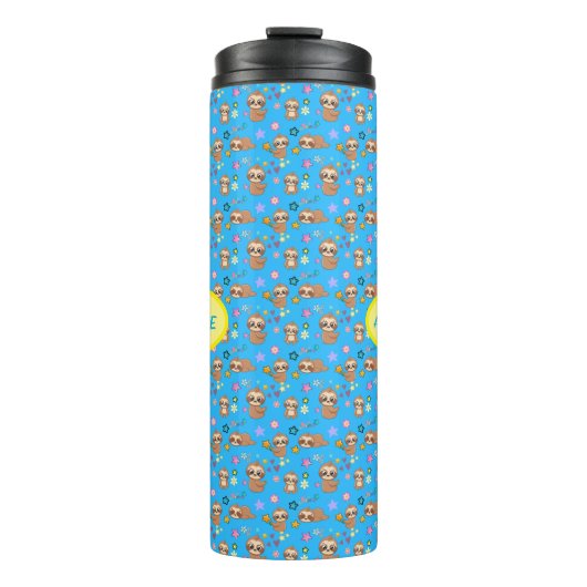 Funny Sloth Hearts Floral Blue Pattern | Naam toev Thermosbeker (Voorkant)