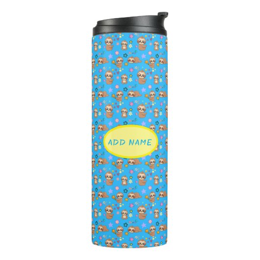 Funny Sloth Hearts Floral Blue Pattern | Naam toev Thermosbeker (Gedraaid links)