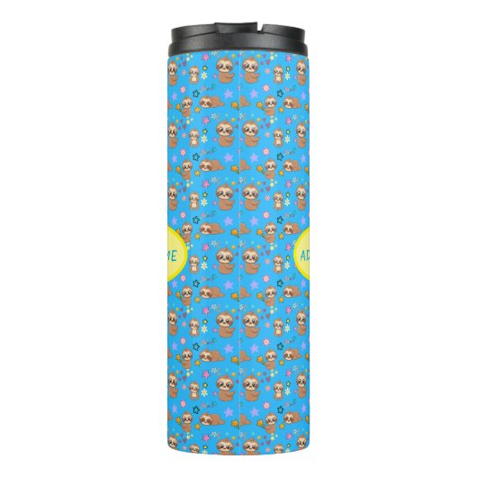 Funny Sloth Hearts Floral Blue Pattern | Naam toev Thermosbeker (Achterkant)