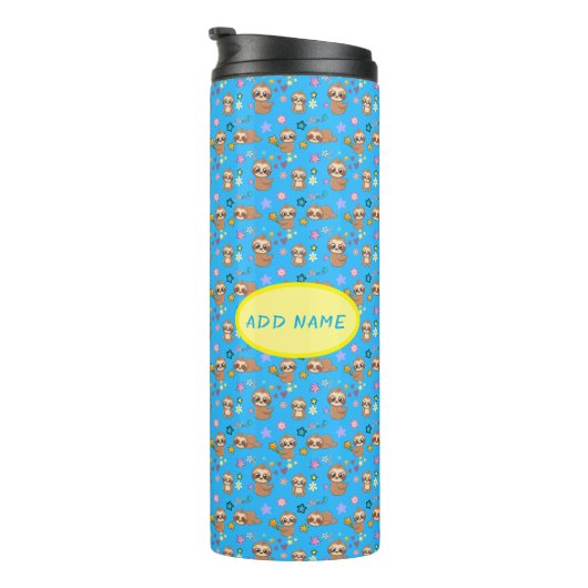Funny Sloth Hearts Floral Blue Pattern | Naam toev Thermosbeker (Geroteerd rechts)
