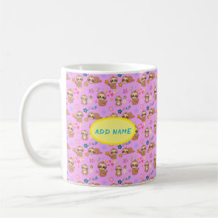 Funny Sloth Hearts Floral Pink Pattern   Naam toev Koffiemok