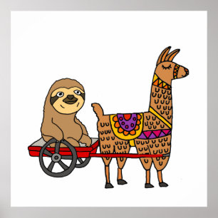 Funny Sloth in Red Wagon Pulled by Llama Poster