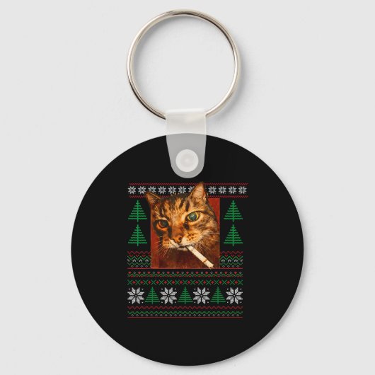 Funny Smoking Cat Meme Christmas Ugly Sleutelhanger (Voorkant)