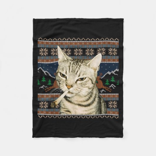 Funny Smoking Cat Meme Christmas Ugly Sweater Cat Fleece Deken (Voorkant)