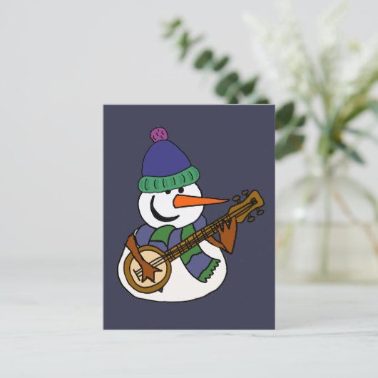Funny Snowman die Banjo Artwork speelt Briefkaart (Staand voorkant)