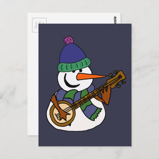Funny Snowman die Banjo Artwork speelt Briefkaart (Voorkant / Achterkant)