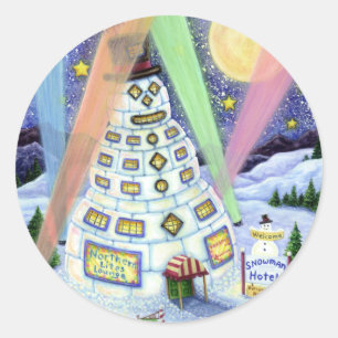 FUNNY SNOWMAN HOTEL, NOORDELIJKE LICHTEN EN PENGUI RONDE STICKER