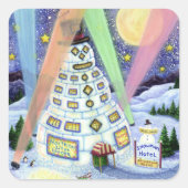 FUNNY SNOWMAN HOTEL, NOORDELIJKE LICHTEN EN PENGUI VIERKANTE STICKER (Voorkant)