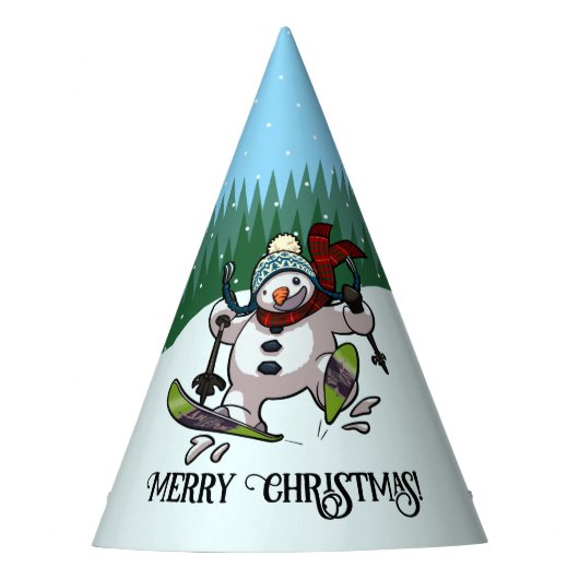 Funny Snowman Merry Christmas Skiing Cartoon Feesthoedjes (Voorkant)