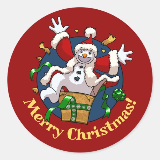 Funny Snowman Merry Christmas Surprise Cartoon Ronde Sticker (Voorkant)