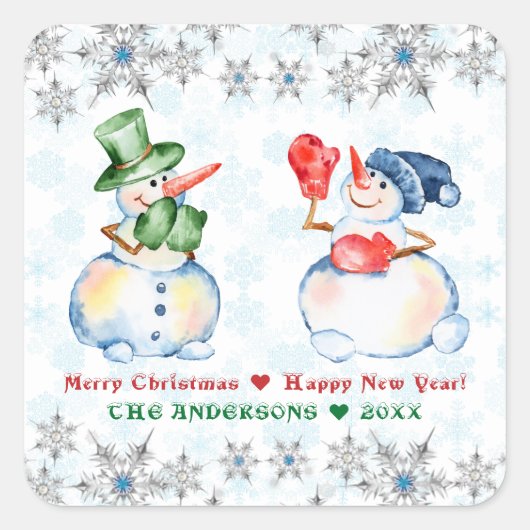 Funny Snowman Merry Kerstkrystals Snowflakes Vierkante Sticker (Voorkant)