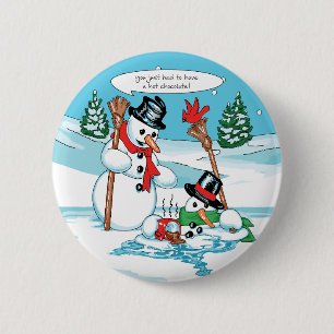 Funny Snowman met Hot Chocolate Cartoon Ronde Button 5,7 Cm