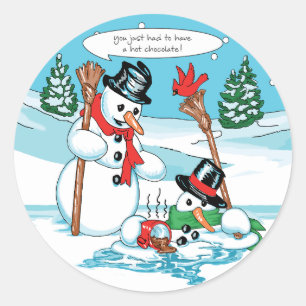 Funny Snowman met Hot Chocolate Cartoon Ronde Sticker