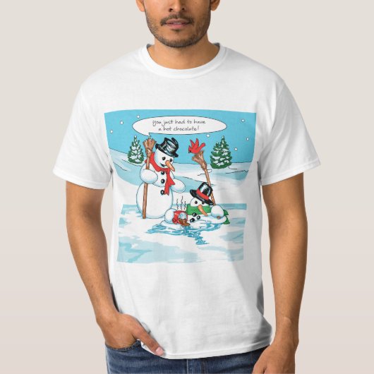 Funny Snowman met Hot Chocolate Cartoon T-shirt (Voorkant)