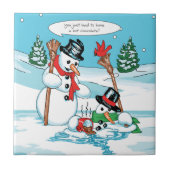 Funny Snowman met Hot Chocolate Cartoon Tegeltje (Voorkant)