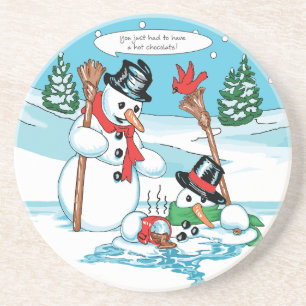 Funny Snowman met Hot Chocolate Cartoon Zandsteen Onderzetter