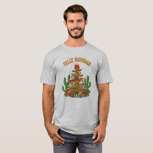 Funny Sombrero Stack Christmas Tree Feliz Navidad T-shirt (Voorkant volledig)