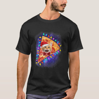 Funny Space Cat in a Pizza Galaxy Kitten Santa Hat T-shirt