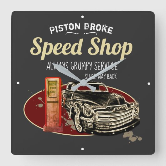 Funny Speed Shop Piston Broke Grumpy Service Vierkante Klok (Voorkant)