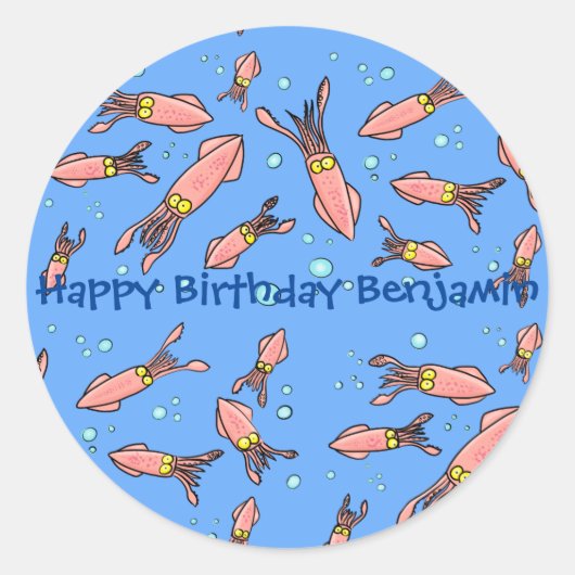 Funny squid school met bubbels cartoon ronde sticker (Voorkant)