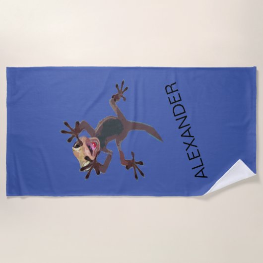 Funny Startled Gecko Lizard Blue Custom Name Strandlaken (Voorkant)