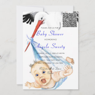 Funny Stork Baby shower Uitnodiging met QR Code