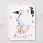 Funny Stork portant bébé fille douche Invitation (Dos)