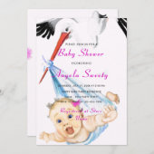 Funny Stork portant bébé fille douche Invitation (Devant / Derrière)
