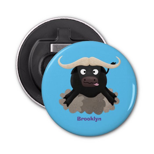 Funny stromend water buffalo cartoon button flesopener (Voorkant)