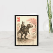 Funny Sumi-e Kawaii Cat Riding Dinosaur Japanese A Kaart (Voorkant)