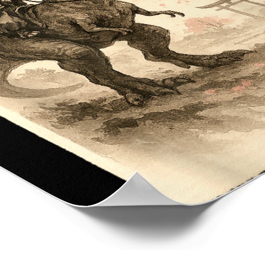 Funny Sumi-e Kawaii Cat Riding Dinosaur Japanese A Poster (Hoek)