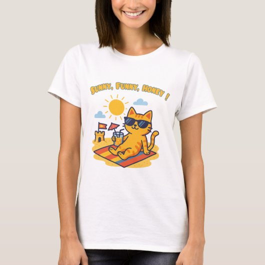 Funny Summer Cat T-Shirt – "Sunny, Funny, Honey!" (Voorkant)
