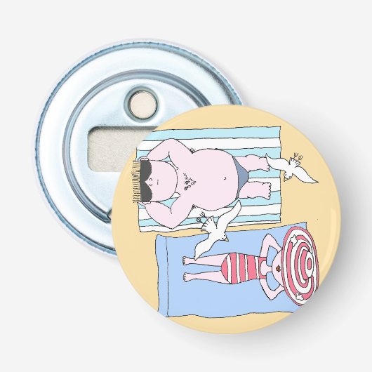 Funny Sunbathing Couple Cartoon Seaside Art Button Flesopener (Voorkant)