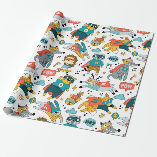Funny Superheld Animals Pattern Cadeaupapier (Uitgerold)