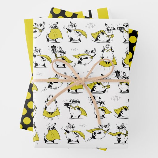 Funny Superheld Pig Wrapping Paper Set van 3 (In situ)