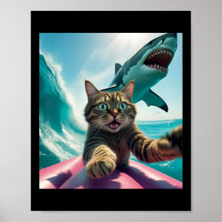 Funny Surfing Cat Selfie With Shark Meme _1  Poster
