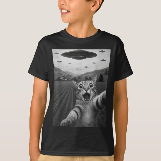 Funny Surprised Ed Cat Selfie With Alien Ufo Cat U T-shirt (Voorkant)